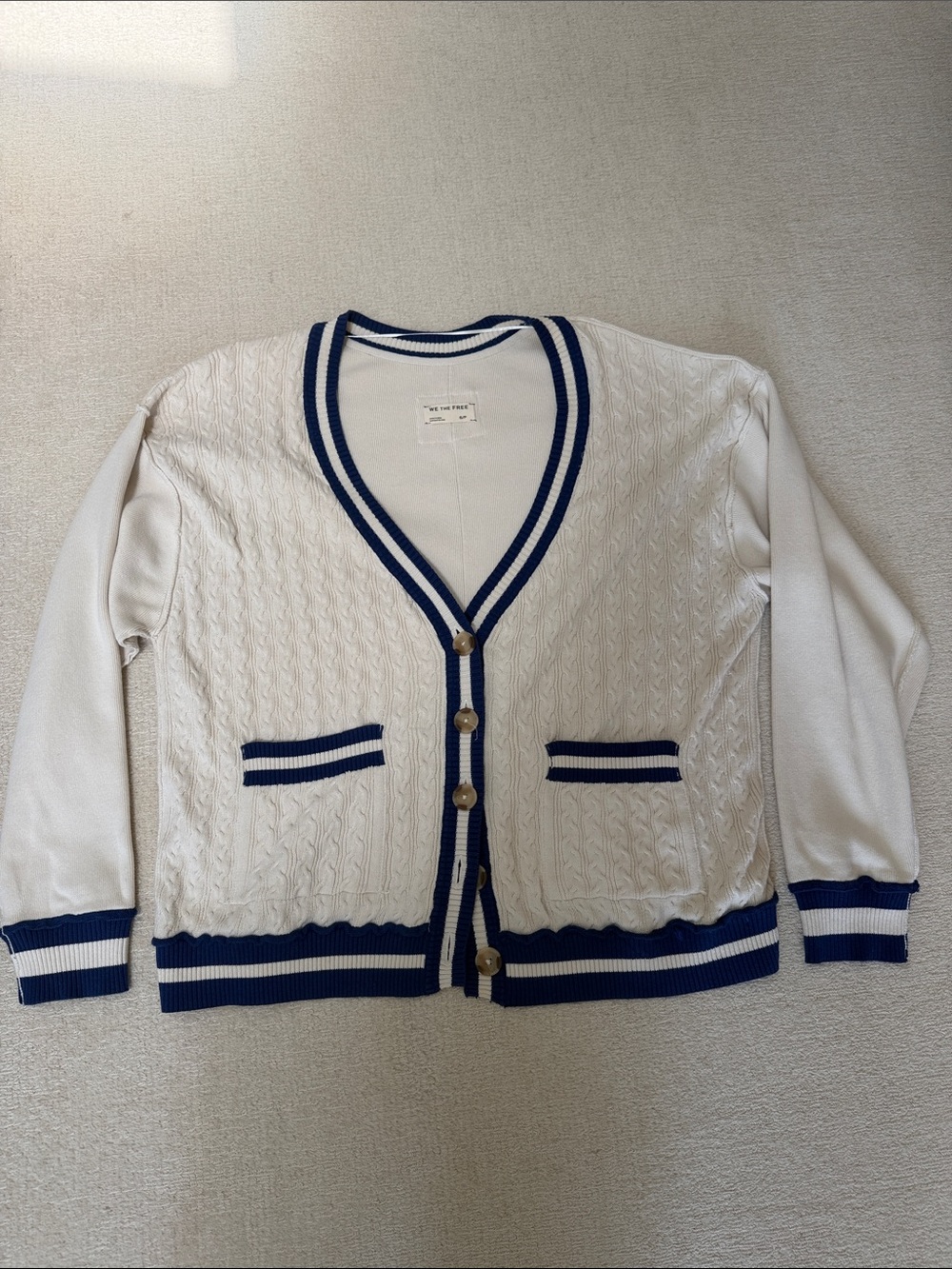 Free People White Cable Knit Cardigan with Navy Trim